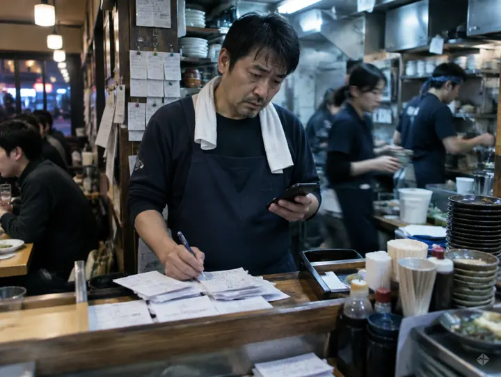 営業中、メモの山とスマートフォンを前に作業に追われる店主