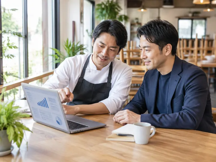飲食店の店主と担当者が、ノートパソコンでレポートを一緒に確認している様子