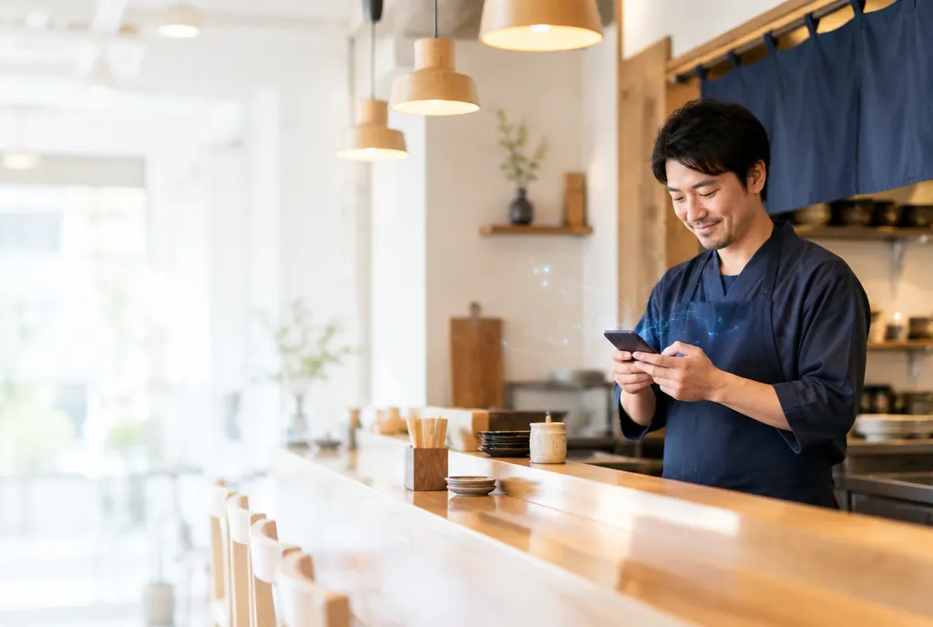 開店前のカウンターで、スマートフォンを見ながら準備する飲食店の店主