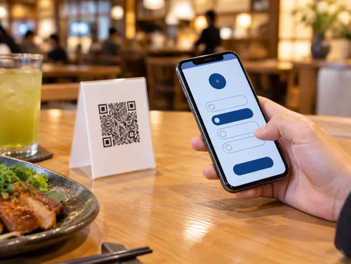 飲食店のテーブルに置かれたQRコード付きの卓上POPと、アンケート画面を開いたスマートフォン