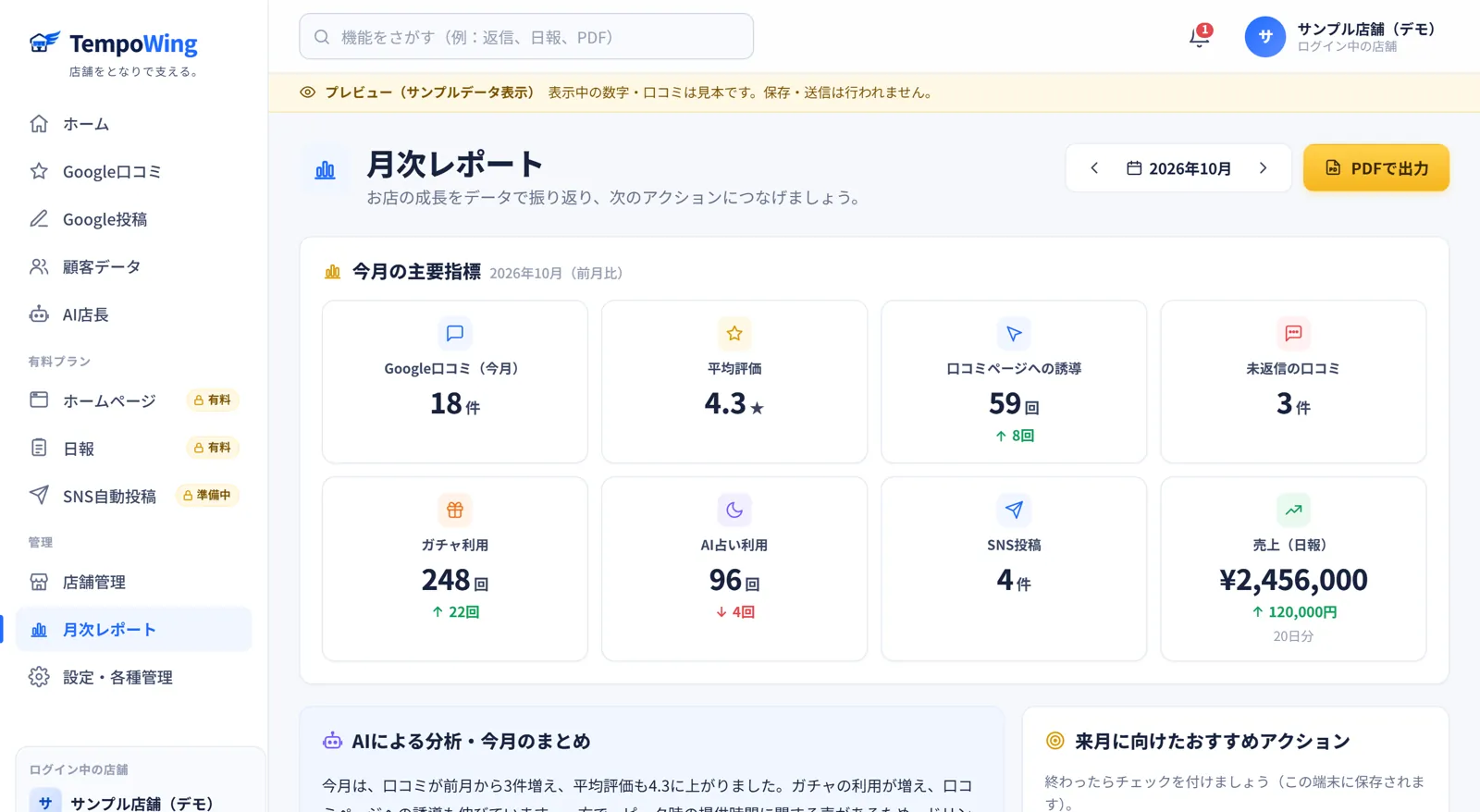 月次レポート画面(サンプルデータ)